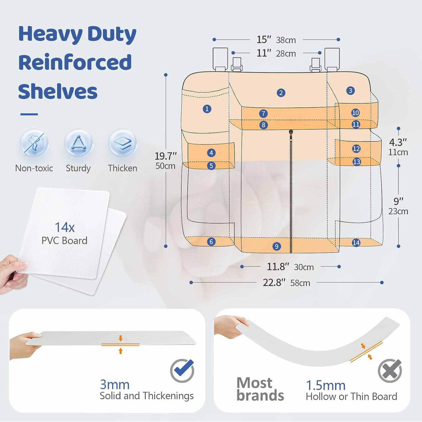 Light Grey Nursery Storage Organizer - Heavy Duty Reinforced Hanging Diaper Caddy for Crib or Wall (58x30x50 V888-ELOSUNG38478
