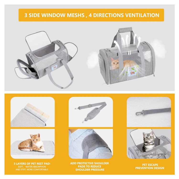 Grey Large Cat & Small Dog Carrier - Soft-Sided, Foldable & Breathable Pet Travel Bag (43x30x28 cm) V888-ELOSUNG38484