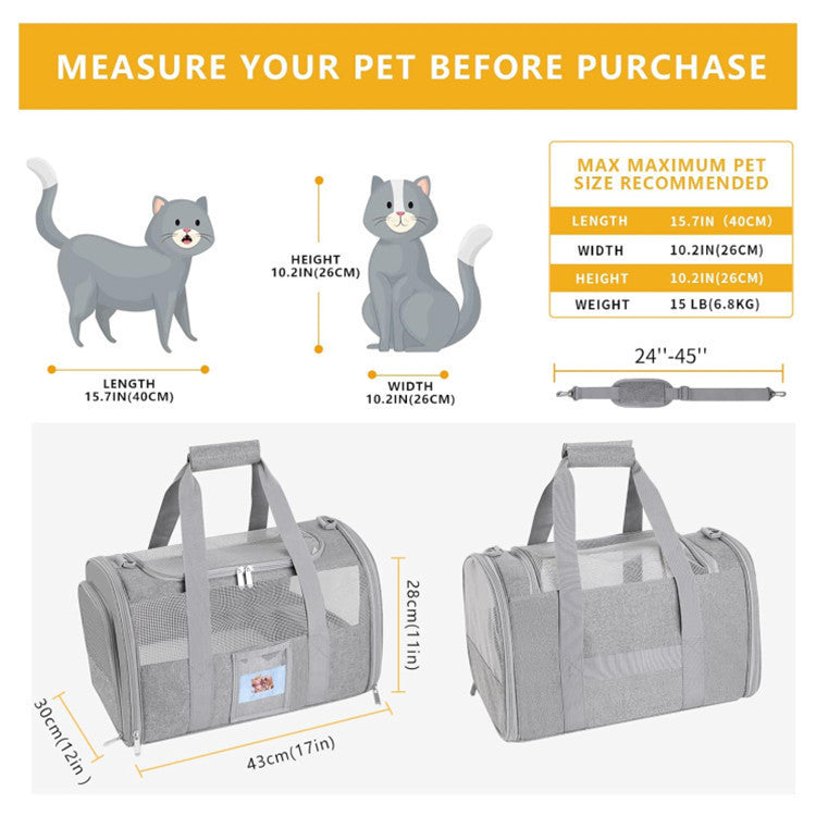 Black Large Cat & Small Dog Carrier - Soft-Sided, Foldable & Breathable Pet Travel Bag (43x30x28 cm) V888-ELOSUNG38485