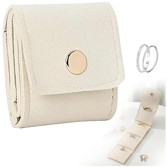 Beige Portable Mini Jewelry Pouch Soft Velvet Travel Organizer for Rings and Earrings Compact Snap Button V888-ELOSUNG38487