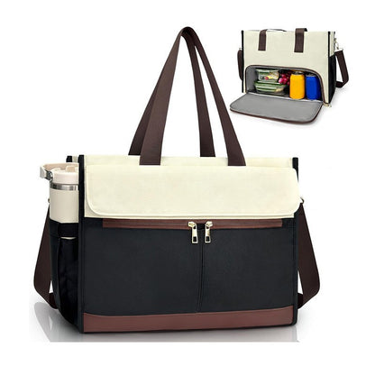 Black-brown Large Capacity Insulated Lunch Tote Bag with Shoulder Strap Leakproof Cooler Handbag Multi-Pocket V888-ELOSUNG38501