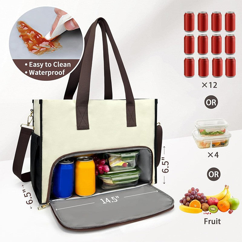 Black-brown Large Capacity Insulated Lunch Tote Bag with Shoulder Strap Leakproof Cooler Handbag Multi-Pocket V888-ELOSUNG38501