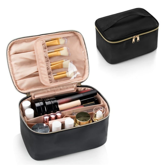 Black Large Capacity Travel Makeup Bag Portable Cosmetic Case with Handle and Dividers Elegant Toiletry V888-ELOSUNG38508
