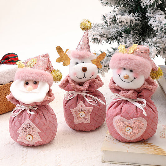 3 Pack Pink Christmas Drawstring Gift Bags Plush 3D Santa Snowman Reindeer Candy Pouches for Holiday Favours V888-ELOSUNG38516