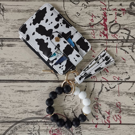 2 Pack Black-white Silicone Beaded Wristlet Keychain Wallet Bangle with Tassel PU Leather ID Card Holder for V888-ELOSUNG38540