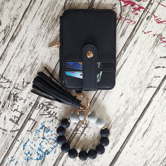 2 Pack Black Silicone Beaded Wristlet Keychain Wallet Bangle with Tassel PU Leather ID Card Holder for Women V888-ELOSUNG38541