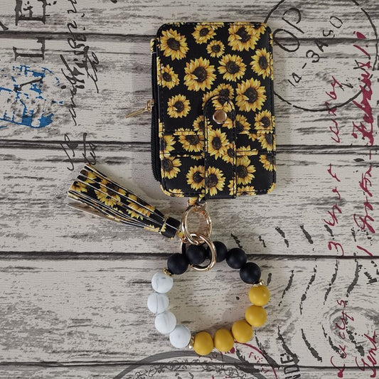 2 Pack Yellow Flower Silicone Beaded Wristlet Keychain Wallet Bangle with Tassel PU Leather ID Card Holder V888-ELOSUNG38542