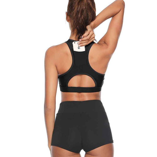 M Black Women Sports Bra with Back Phone Pocket Racerback Yoga Crop Top Medium Support Activewear for Running V888-ELOSUNG38566
