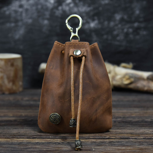 Brown Vintage Crazy Horse Leather Coin Purse Handmade Drawstring Pouch with Belt Clip Small Storage Bag for V888-ELOSUNG38590