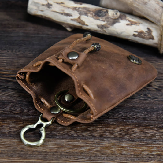 Brown Vintage Crazy Horse Leather Coin Purse Handmade Drawstring Pouch with Belt Clip Small Storage Bag for V888-ELOSUNG38590
