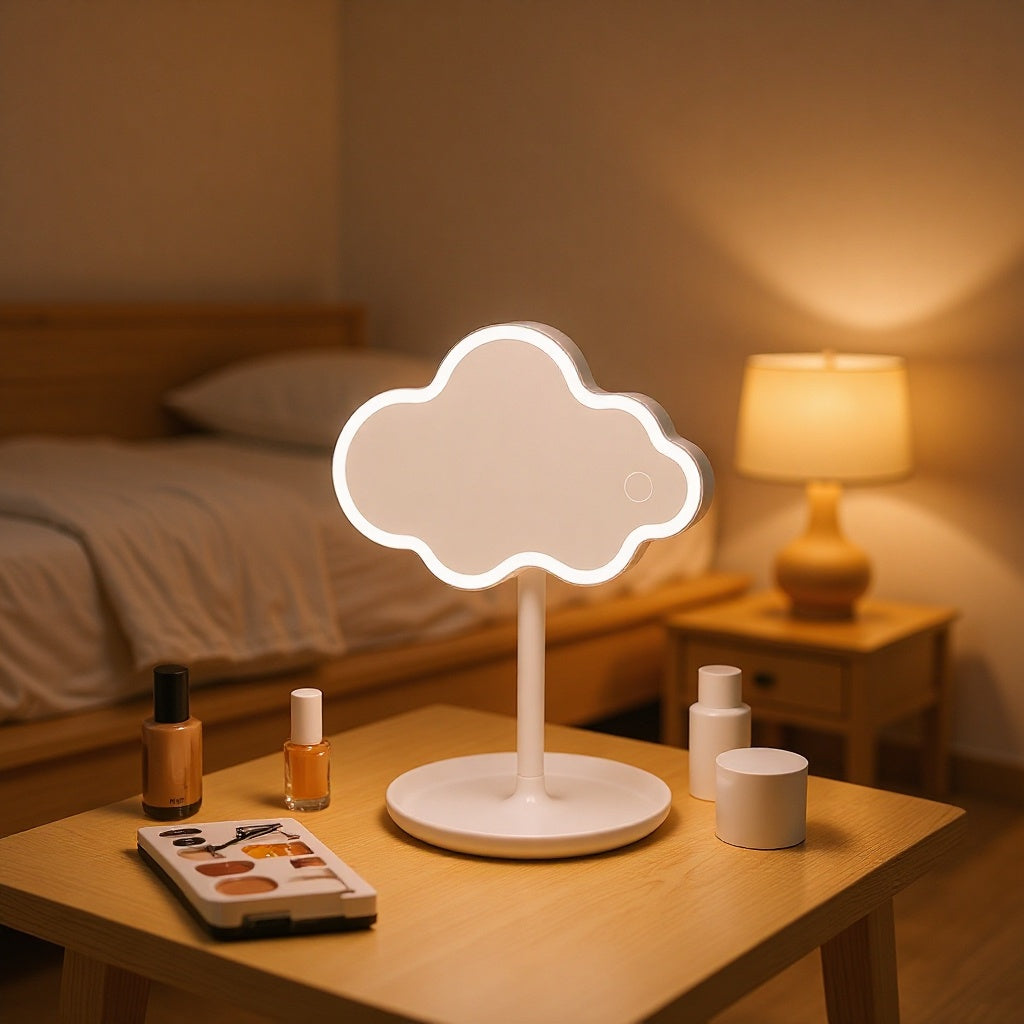White Cute Cloud Shaped LED Makeup Mirror Desktop Vanity Light with Storage Tray 360 Rotation Cordless V888-ELOSUNG38606