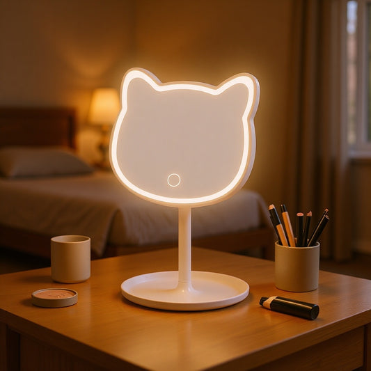 Cute Cat Ear LED Makeup Mirror Desktop Vanity Light with Storage Tray Adjustable Angle Cordless Cosmetic V888-ELOSUNG38608
