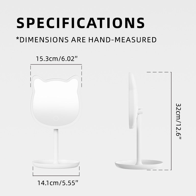 Cute Cat Ear LED Makeup Mirror Desktop Vanity Light with Storage Tray Adjustable Angle Cordless Cosmetic V888-ELOSUNG38608