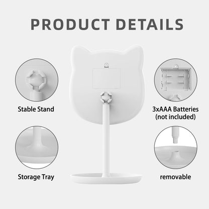 Cute Cat Ear LED Makeup Mirror Desktop Vanity Light with Storage Tray Adjustable Angle Cordless Cosmetic V888-ELOSUNG38608