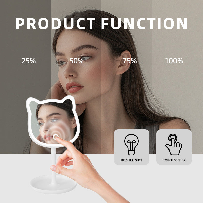 Cute Cat Ear LED Makeup Mirror Desktop Vanity Light with Storage Tray Adjustable Angle Cordless Cosmetic V888-ELOSUNG38608