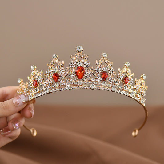 Golden-red Girls Princess Tiara Crown Crystal Rhinestone Headpiece 14cm Diameter for Birthday Party Dance V888-ELOSUNG38622