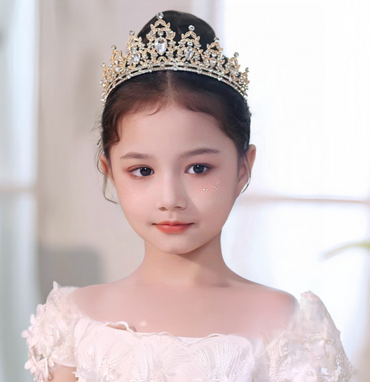 Golden-red Girls Princess Tiara Crown Crystal Rhinestone Headpiece 14cm Diameter for Birthday Party Dance V888-ELOSUNG38622