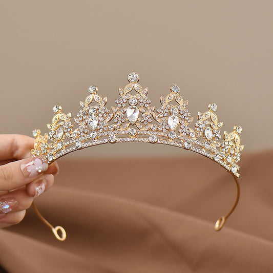 Golden-white Girls Princess Tiara Crown Crystal Rhinestone Headpiece 14cm Diameter for Birthday Party Dance V888-ELOSUNG38625