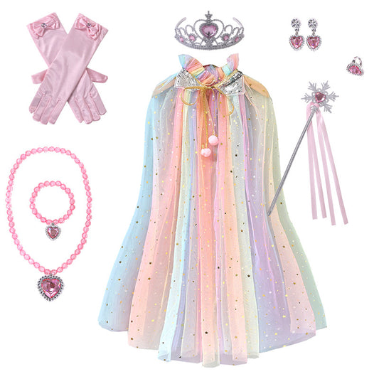 Pink Girls Rainbow Princess Costume Cape Set with Tiara Wand Gloves and Jewellery Sequin Star Tulle Cloak for V888-ELOSUNG38626