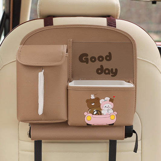 Brown Cute Bear Car Back Seat Organiser PU Leather Hanging Storage Pouch with Tissue Box Holder and Umbrella V888-ELOSUNG38654