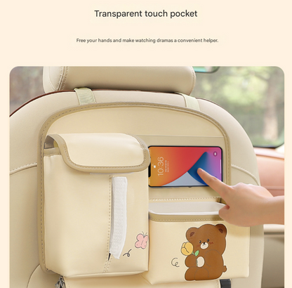 Brown Cute Bear Car Back Seat Organiser PU Leather Hanging Storage Pouch with Tissue Box Holder and Umbrella V888-ELOSUNG38654
