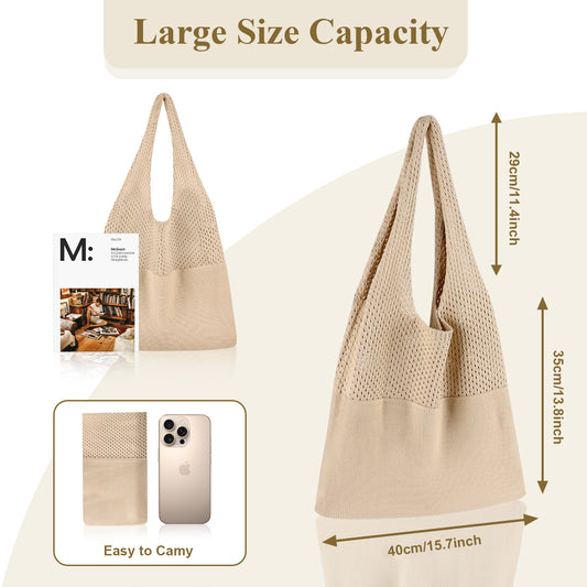 Beige Women's Large Mesh Beach Tote Bag Boho Crochet Shoulder Shopper Reusable Eco Grocery Net Bag for Summer V888-ELOSUNG38668
