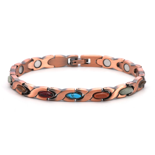 Vintage Copper Tone Magnetic Bracelet Unisex Fish Link Chain with Colourful Stones 19.5cm Bangle for Men and V888-ELOSUNG38688