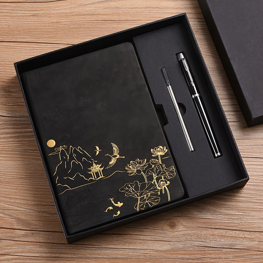 Black A5 Premium Notebook Gift Set with Pen - PU Leather Journal with Gold Oriental Art - 200 Pages Business V888-ELOSUNG38748