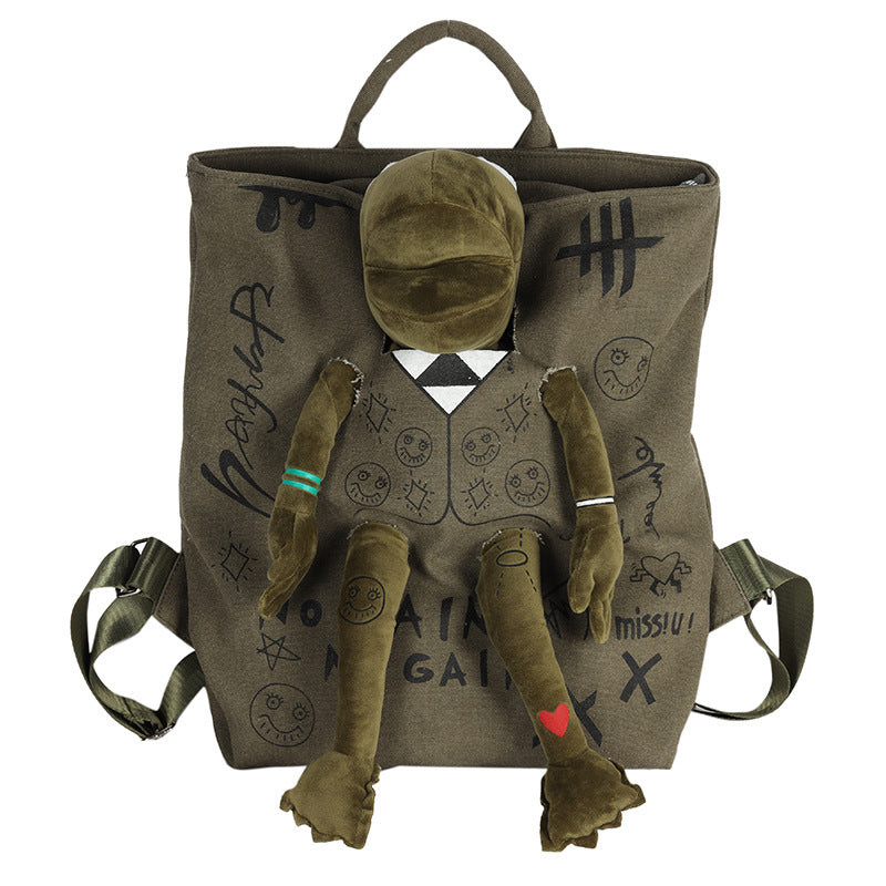 Green 3D Frog Graffiti Canvas Backpack Large Capacity 37x40cm School Bag for Students and Uni Students - V888-ELOSUNG38752