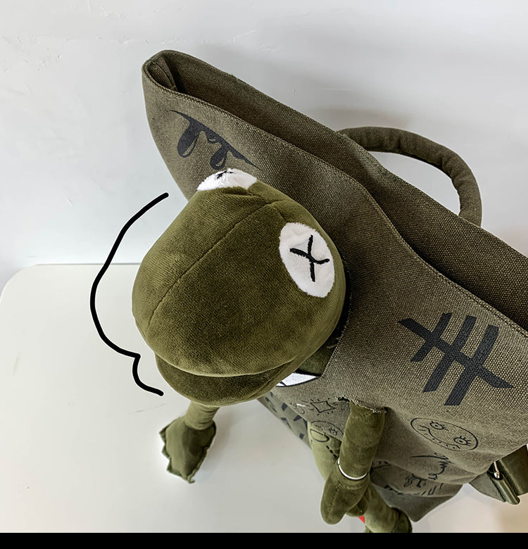 Green 3D Frog Graffiti Canvas Backpack Large Capacity 37x40cm School Bag for Students and Uni Students - V888-ELOSUNG38752