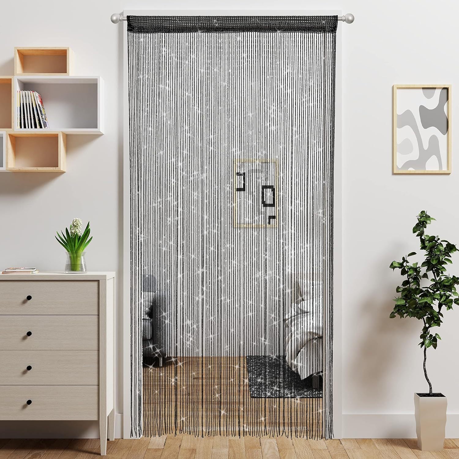 Black 2 Pack Sparkle String Door Curtains 100x200cm Glitter Sequin Tassel Room Divider for Australian Home V888-ELOSUNG38781