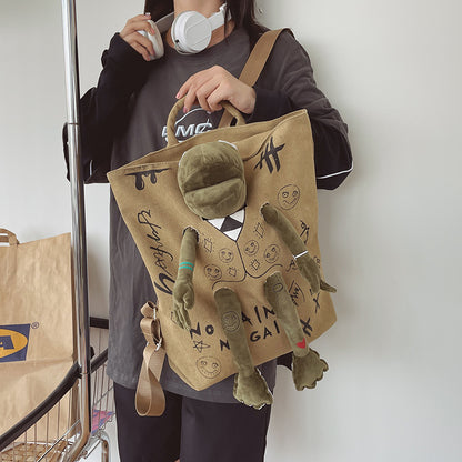 Khaki 3D Frog Graffiti Canvas Backpack Large Capacity 37x40cm School Bag for Students and Uni Students - V888-ELOSUNG38789