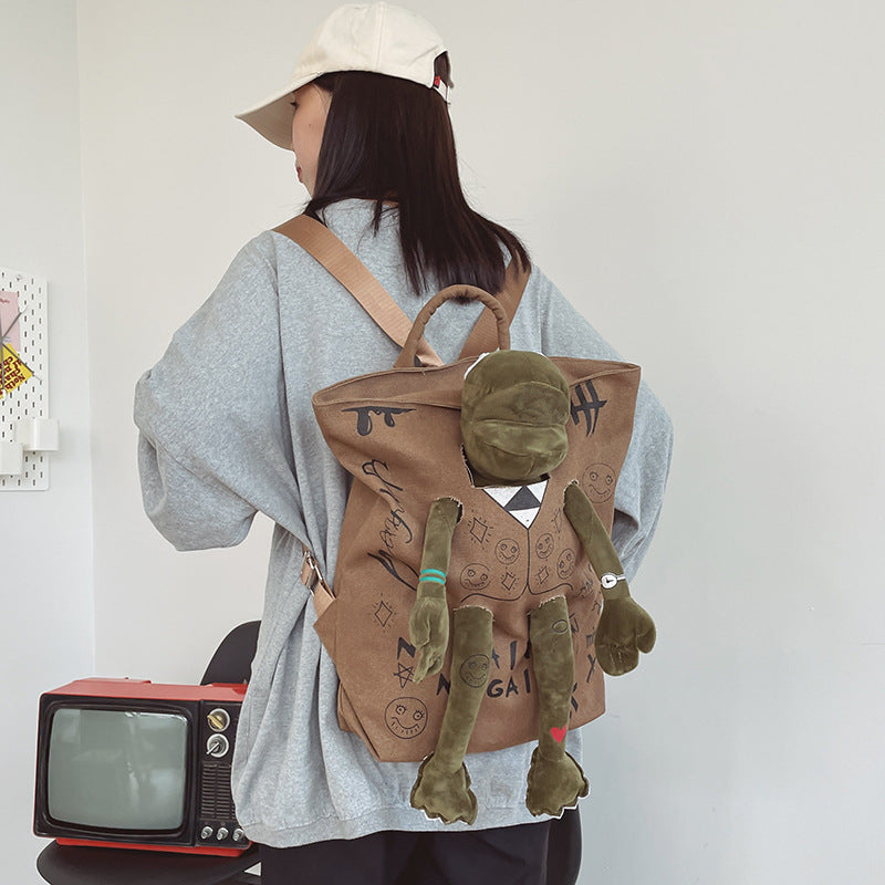Coffee-brown 3D Frog Graffiti Canvas Backpack Large Capacity 37x40cm School Bag for Students and Uni Students V888-ELOSUNG38790