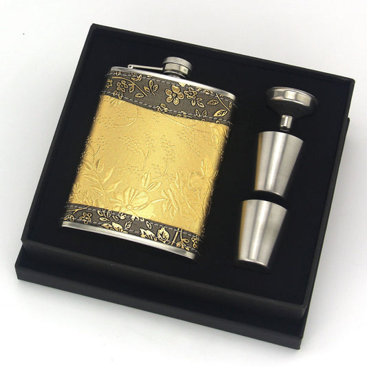 8oz Stainless Steel Hip Flask Gift Set with Elegant Floral Pattern and 2 Cups Plus Funnel for Outdoor Camping V888-ELOSUNG38803