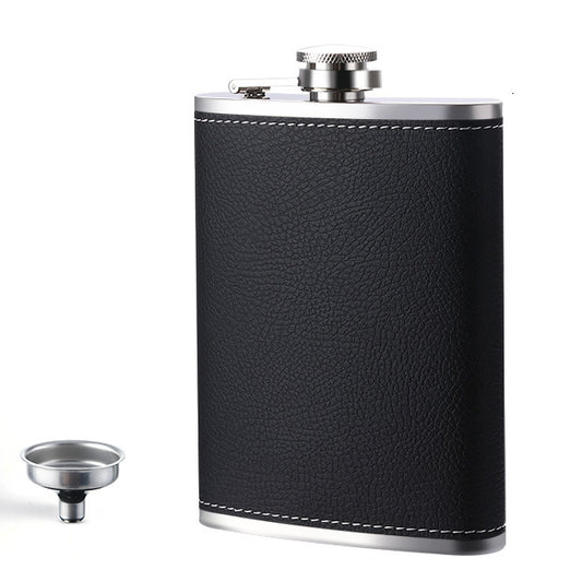 Black 8oz Stainless Steel Hip Flask with Black Lychee Grain Texture and Funnel, Portable 12.2cm Bottle for V888-ELOSUNG38804