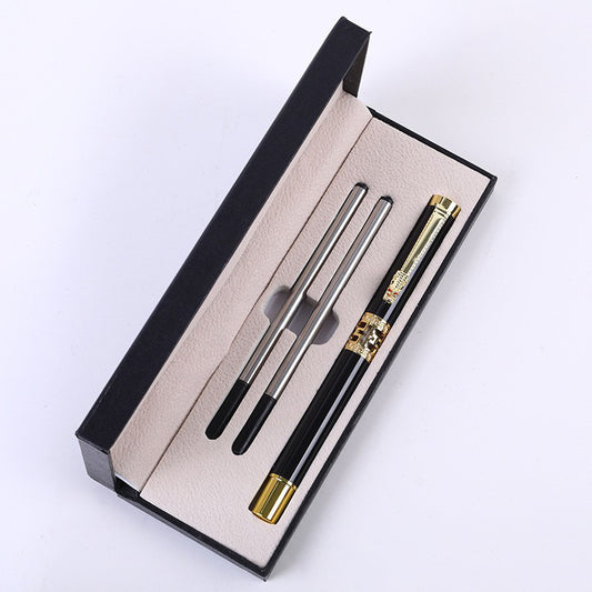 Black Two-piece Set Luxury Retro Dragon Head Signature Pen Gift Set - Full Metal 0.5mm Rollerball Each Set V888-ELOSUNG38806