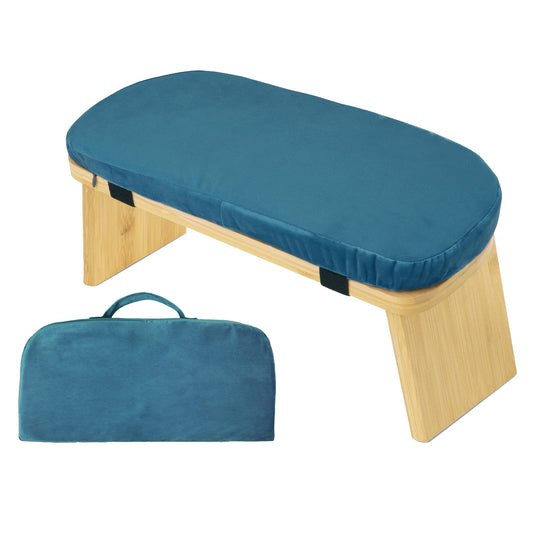Blue Foldable Wooden Meditation Stool with Padded Cushion 45x21cm - Portable Yoga Kneeling Bench with Carry V888-ELOSUNG38815