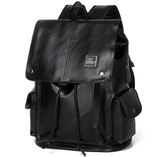 Black Men's Fashion PU Leather Backpack - Large Capacity 42cm Laptop Rucksack for University, Travel and V888-ELOSUNG38824
