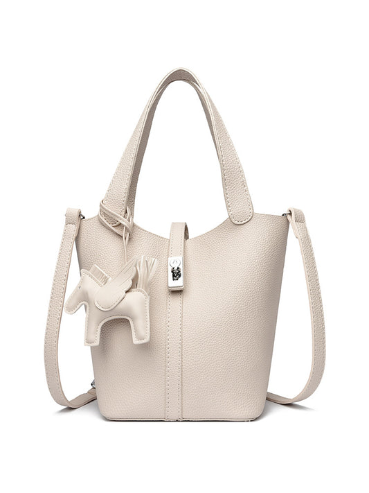 Beige Women's Small PU Leather Bucket Bag with Secure Lock and Horse Charm - 20cm Compact Crossbody Handbag V888-ELOSUNG38829