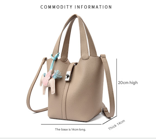 Beige Women's Small PU Leather Bucket Bag with Secure Lock and Horse Charm - 20cm Compact Crossbody Handbag V888-ELOSUNG38829