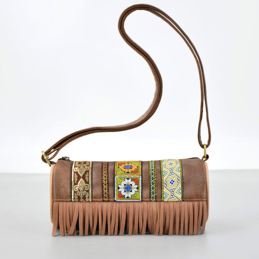 Boho Ethnic PU Leather Cylindrical Crossbody Bag with Embroidery and Fringe - 21cm Vintage Retro Drum Bag for V888-ELOSUNG38844