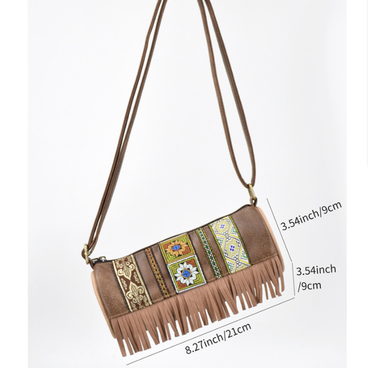 Boho Ethnic PU Leather Cylindrical Crossbody Bag with Embroidery and Fringe - 21cm Vintage Retro Drum Bag for V888-ELOSUNG38844