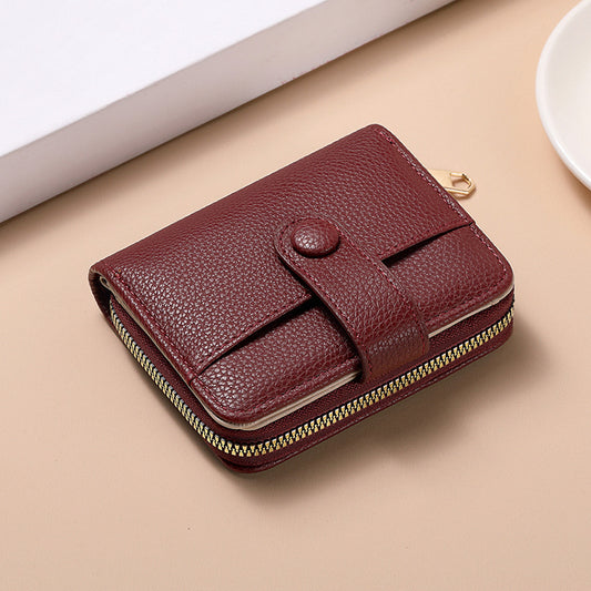 Red-brown Women's Short PU Leather Wallet 2 Pack - Fashion Lychee Grain Purse with Multi Card Slots and V888-ELOSUNG38851