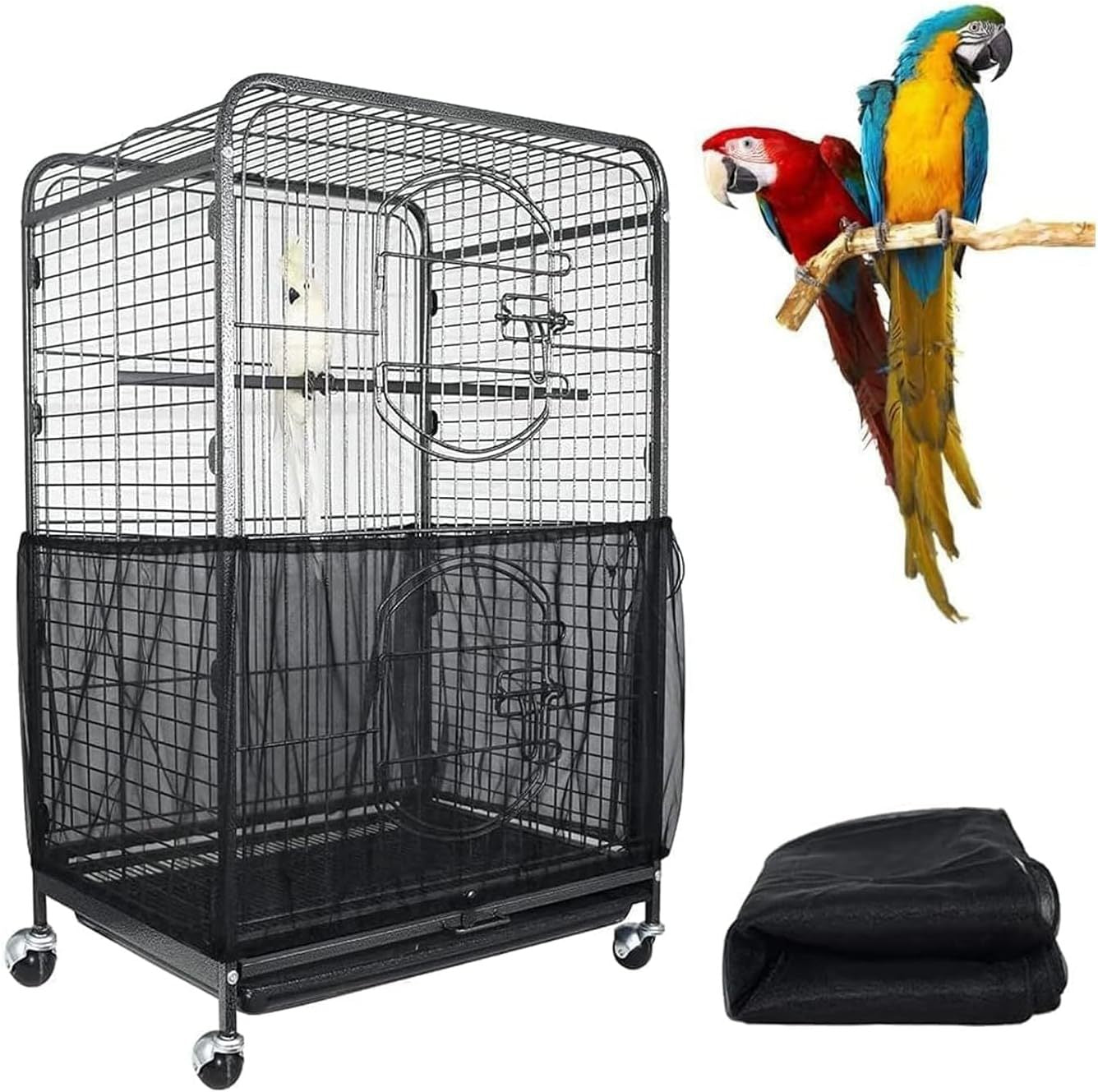M Black[Height 20, Circumference 170] Large Bird Cage Seed Catcher Net Cover - Adjustable Mesh Guard V888-ELOSUNG38864