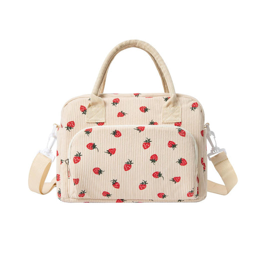 Beige Women's Large Corduroy Lunch Bag Insulated Thermal Tote Strawberry Print with Shoulder Strap for Work V888-ELOSUNG38879