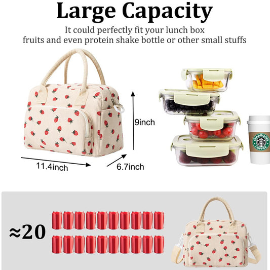 Beige Women's Large Corduroy Lunch Bag Insulated Thermal Tote Strawberry Print with Shoulder Strap for Work V888-ELOSUNG38879