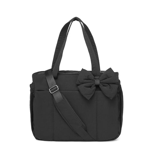 Black Women's Quilted Puffer Tote Bag Large Capacity Lightweight Bow Handbag with Shoulder Strap 42cm for Gym V888-ELOSUNG38881
