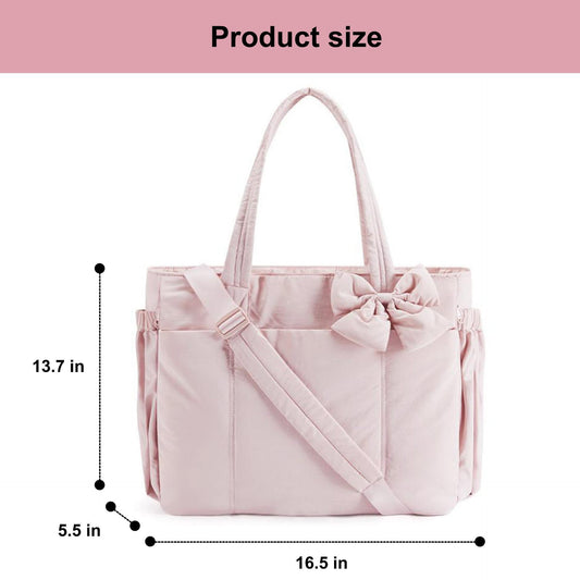 Black Women's Quilted Puffer Tote Bag Large Capacity Lightweight Bow Handbag with Shoulder Strap 42cm for Gym V888-ELOSUNG38881