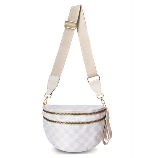 White-and-beige Checkered Pattern Women's Large Crescent Crossbody Bag Lightweight Oxford Cloth Shoulder V888-ELOSUNG38887