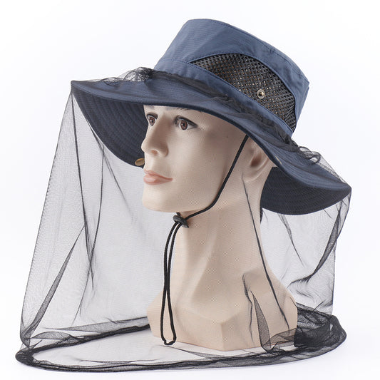 Navy Blue Outdoor Mosquito Head Net Hat with 40cm Mesh Shield - Wide Brim Sun Protection Bucket Hat for V888-ELOSUNG38898